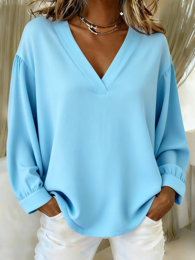 Womens Casual V-neck Long-sleeve Pullover T-shirt In Solid Colors And Multiple Shades