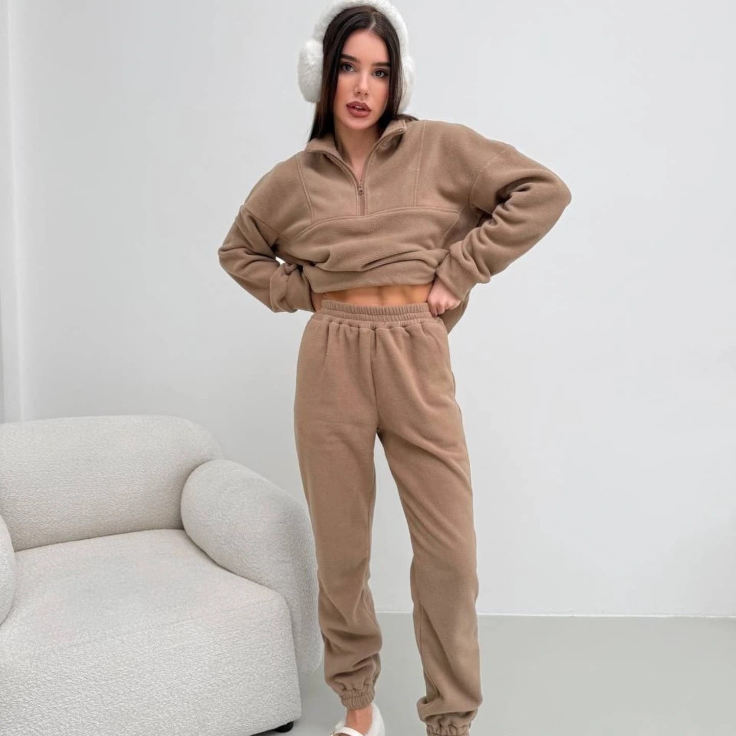 Women's Solid Color Zip-neck Pullover Sweatshirt With Elastic Pants Fleece Two-piece Set