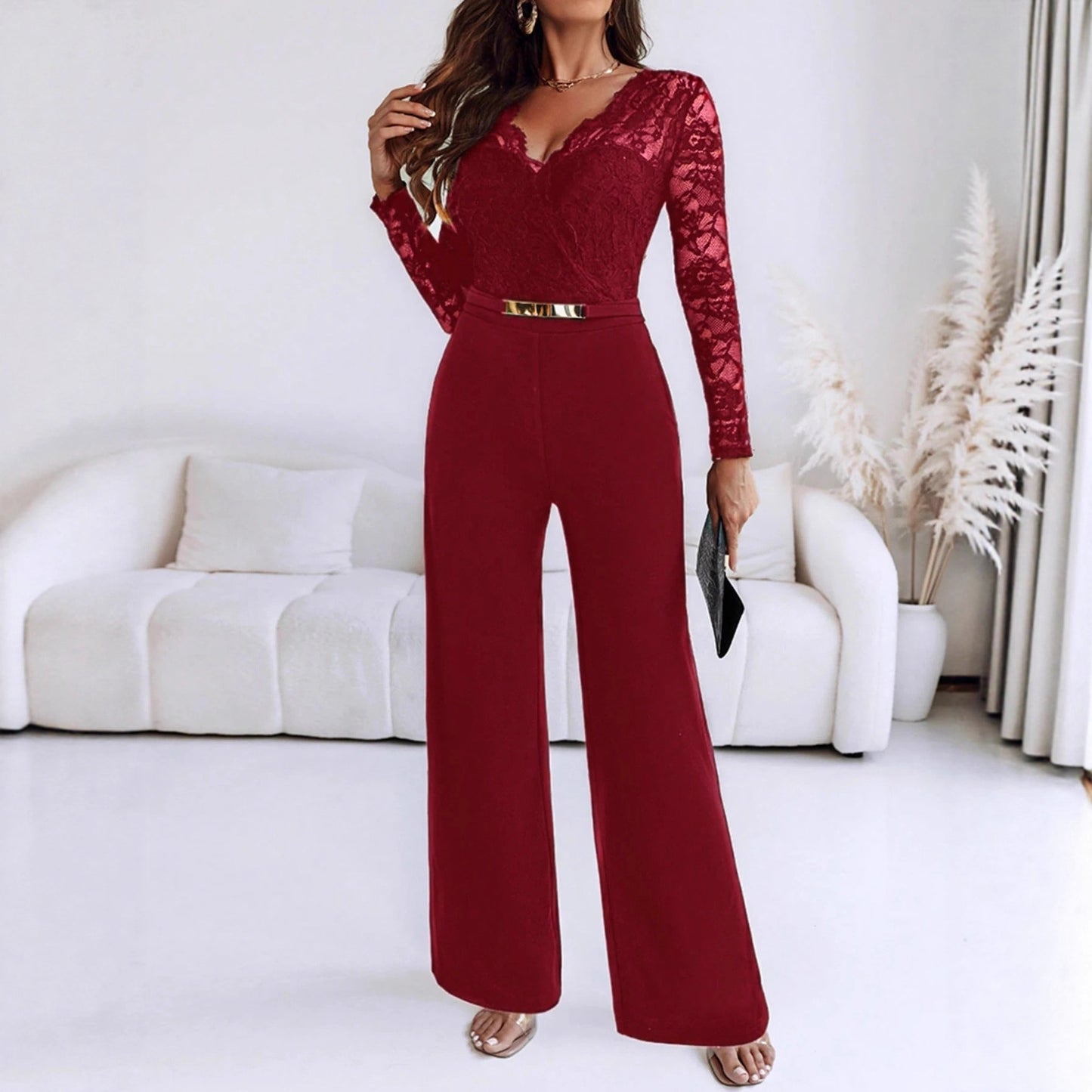 Long-sleeve Belted Jumpsuit With Flared Pants Casual And Relaxed Fit