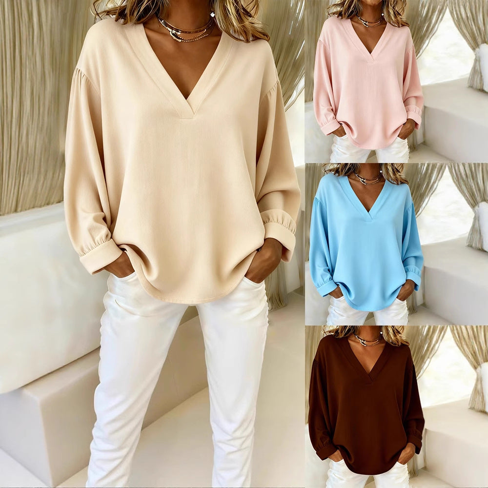 Womens Casual V-neck Long-sleeve Pullover T-shirt In Solid Colors And Multiple Shades