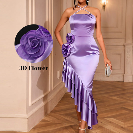 3D Floral Pleated Irregular Ruffle Dress
