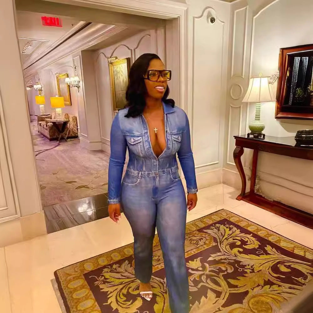 Denim-print Jumpsuit