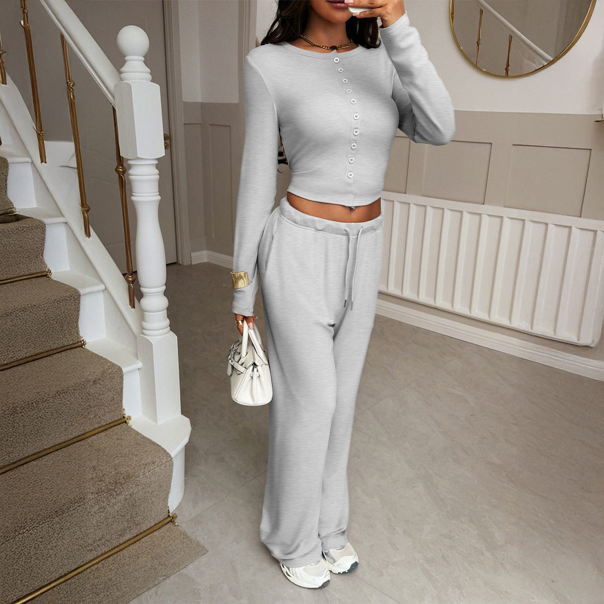 Resort-style Sweater Shirt And Long Pants Set