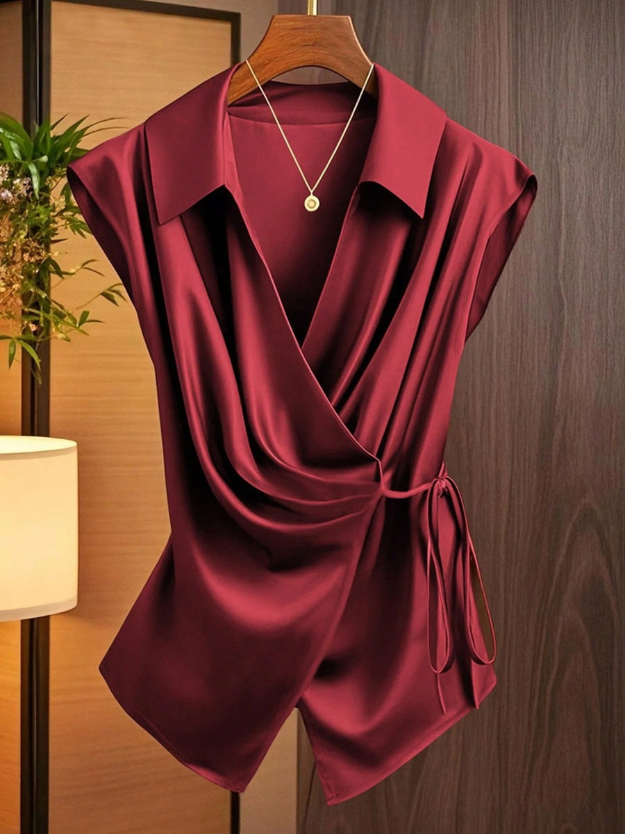 Womens Solid-Color Casual Satin Top With Lace-Up Bow Design