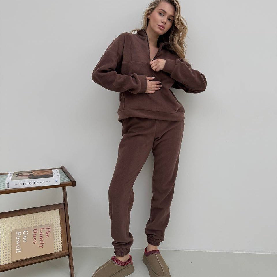 Women's Solid Color Zip-neck Pullover Sweatshirt With Elastic Pants Fleece Two-piece Set