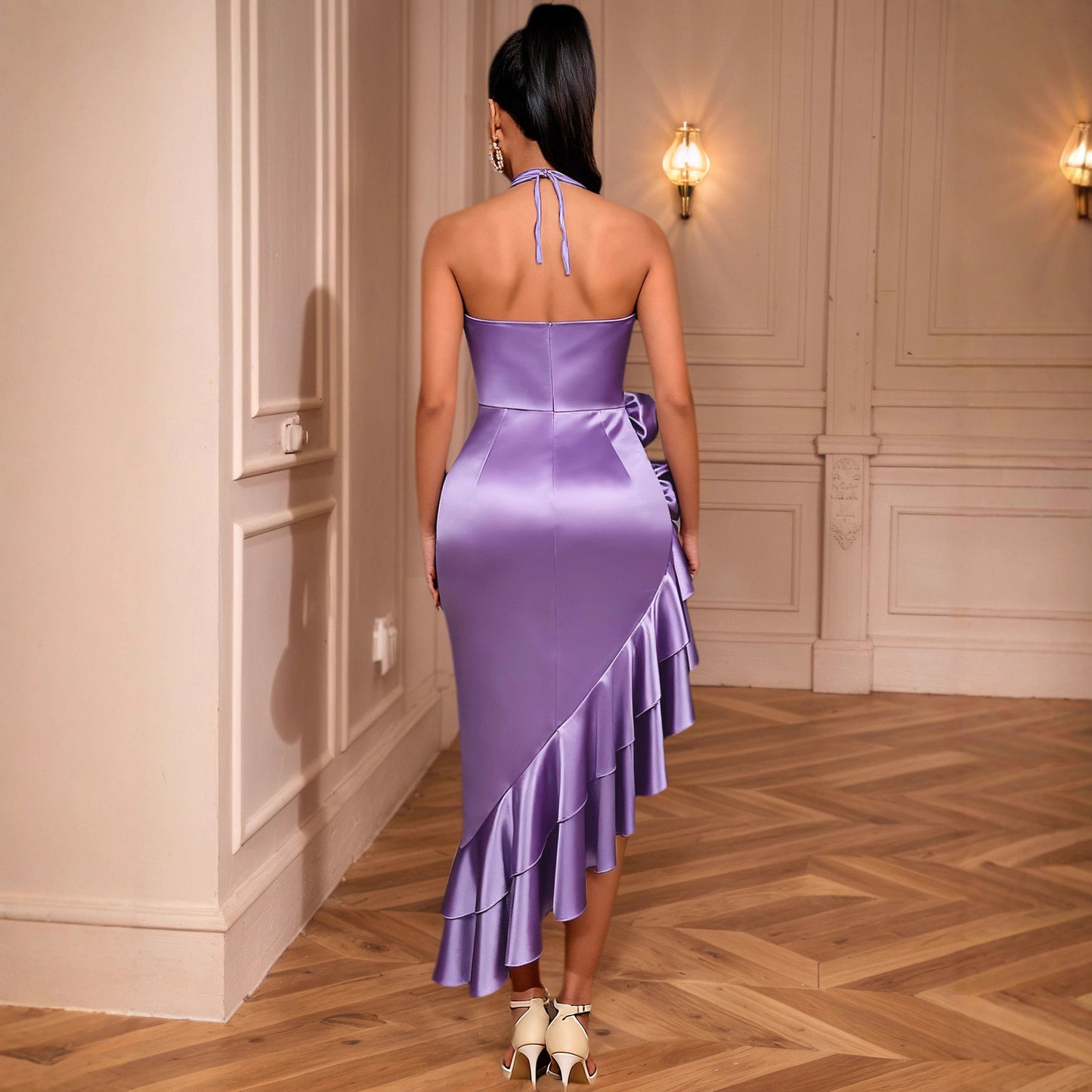 3D Floral Pleated Irregular Ruffle Dress