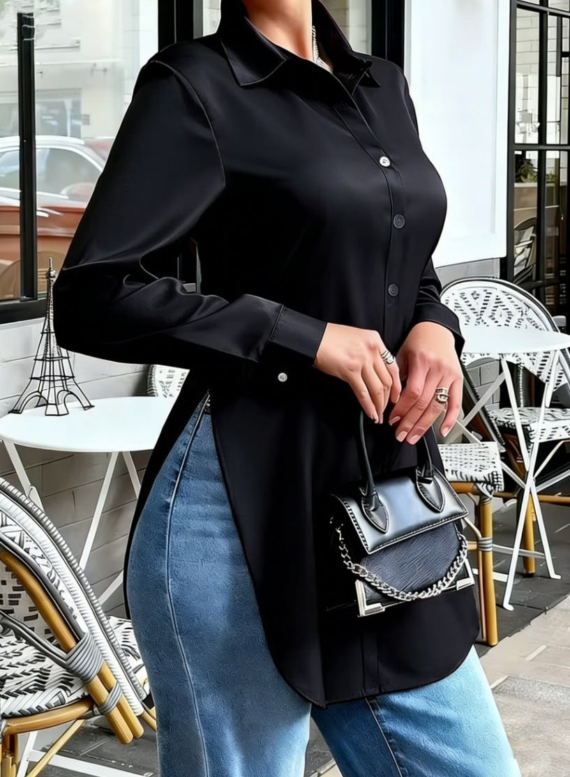Womens Solid-Color Irregular-Hem Long-Sleeve Satin Shirt