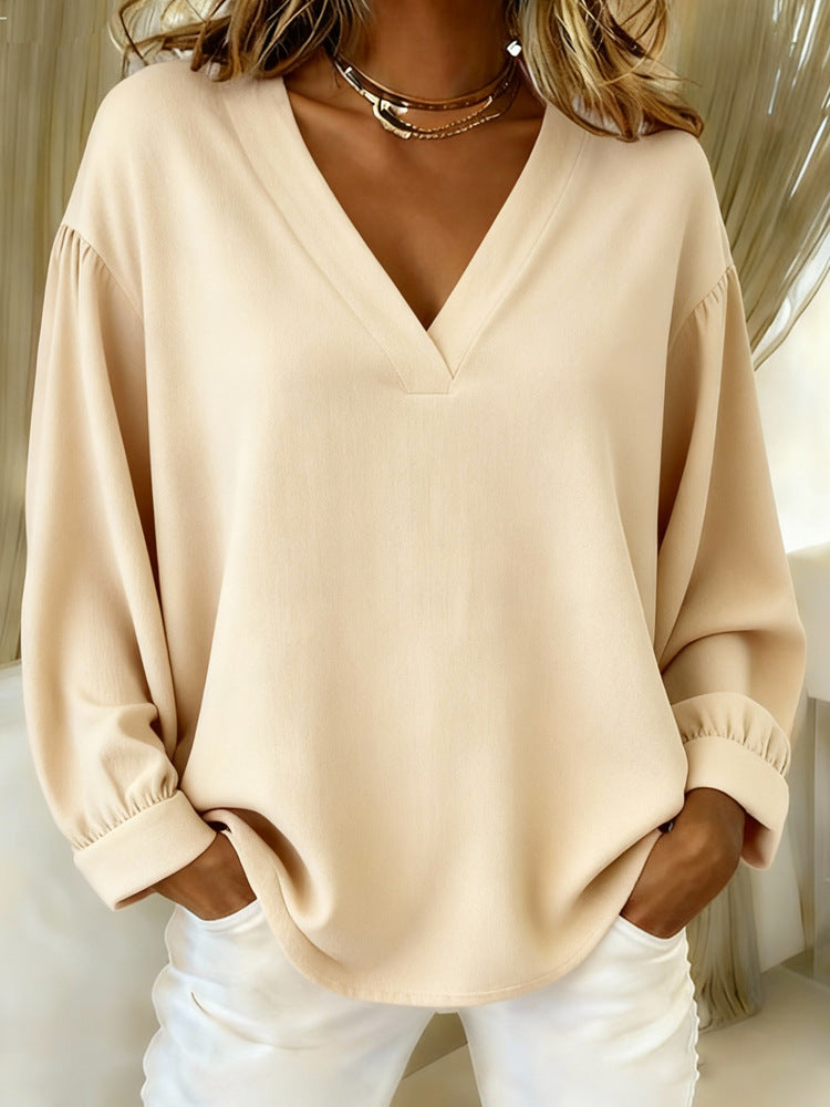 Womens Casual V-neck Long-sleeve Pullover T-shirt In Solid Colors And Multiple Shades