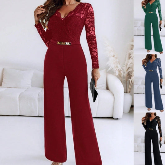 Long-sleeve Belted Jumpsuit With Flared Pants Casual And Relaxed Fit