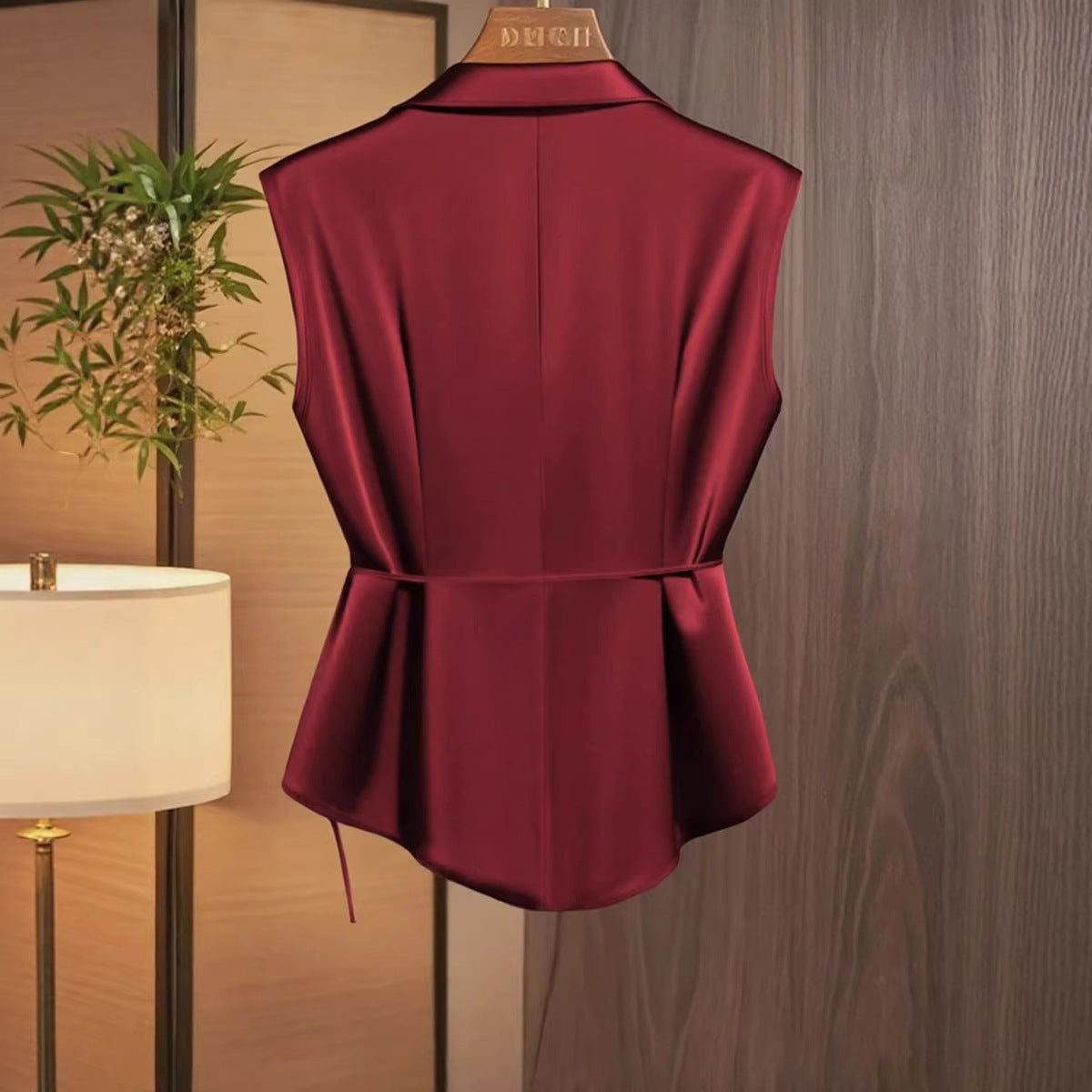 Womens Solid-Color Casual Satin Top With Lace-Up Bow Design