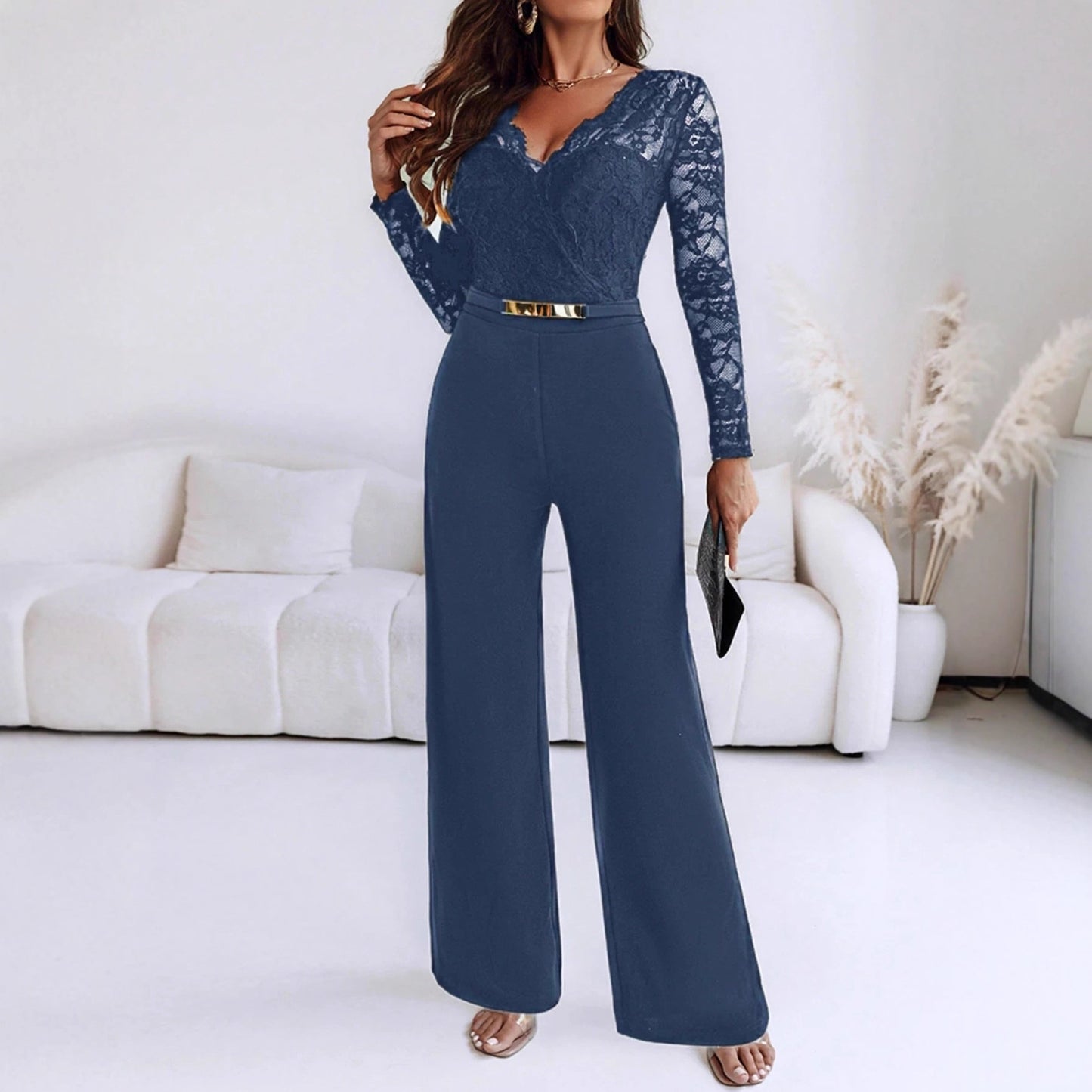 Long-sleeve Belted Jumpsuit With Flared Pants Casual And Relaxed Fit