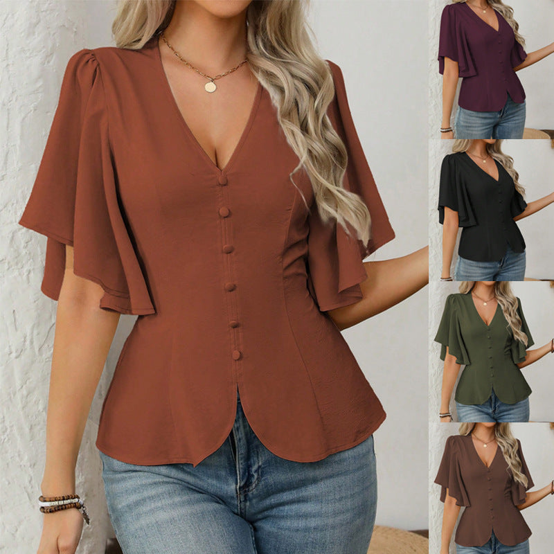 Womens Solid-Color Short-Sleeve V-Neck Single-Breasted Waist-Cinching Top