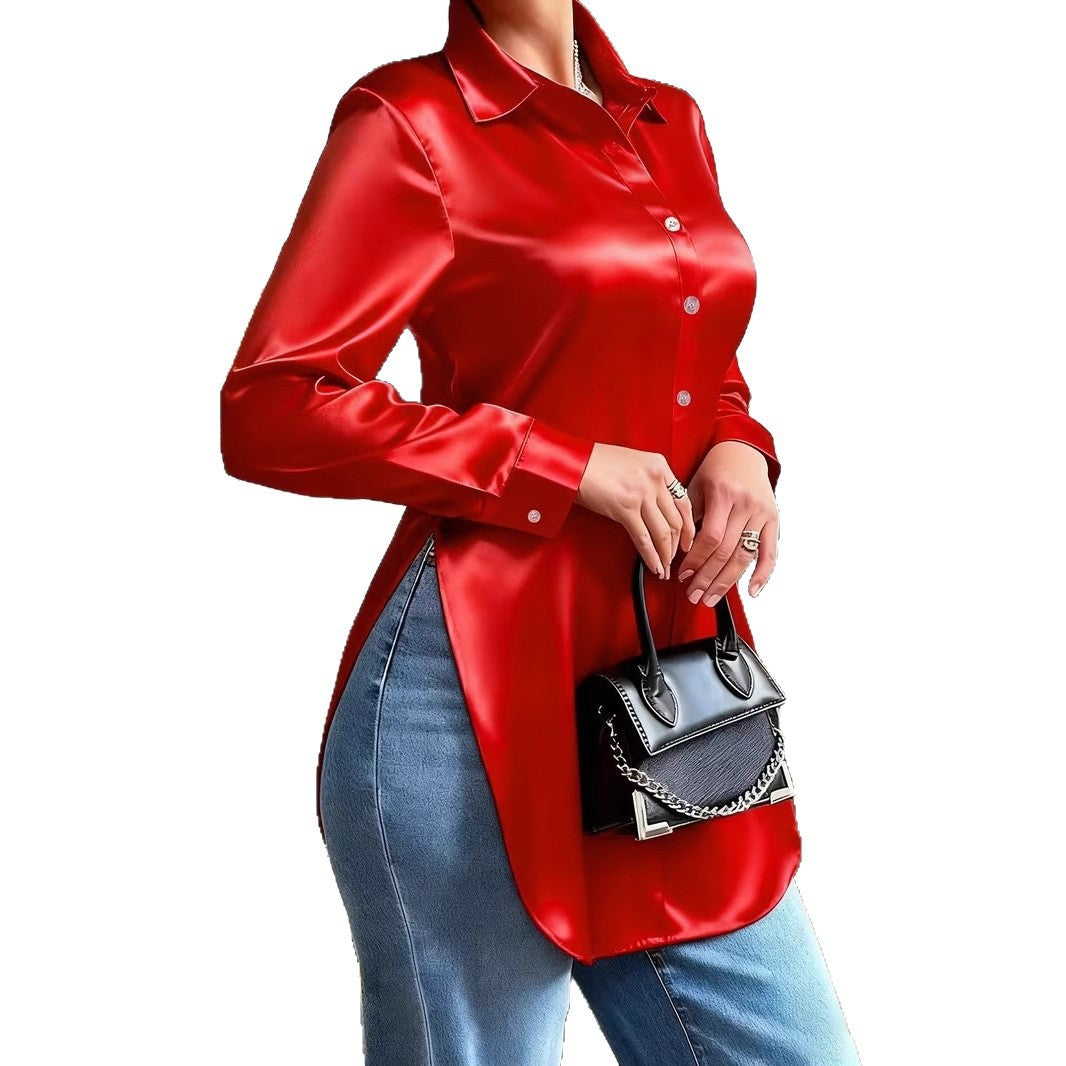 Womens Solid-Color Irregular-Hem Long-Sleeve Satin Shirt