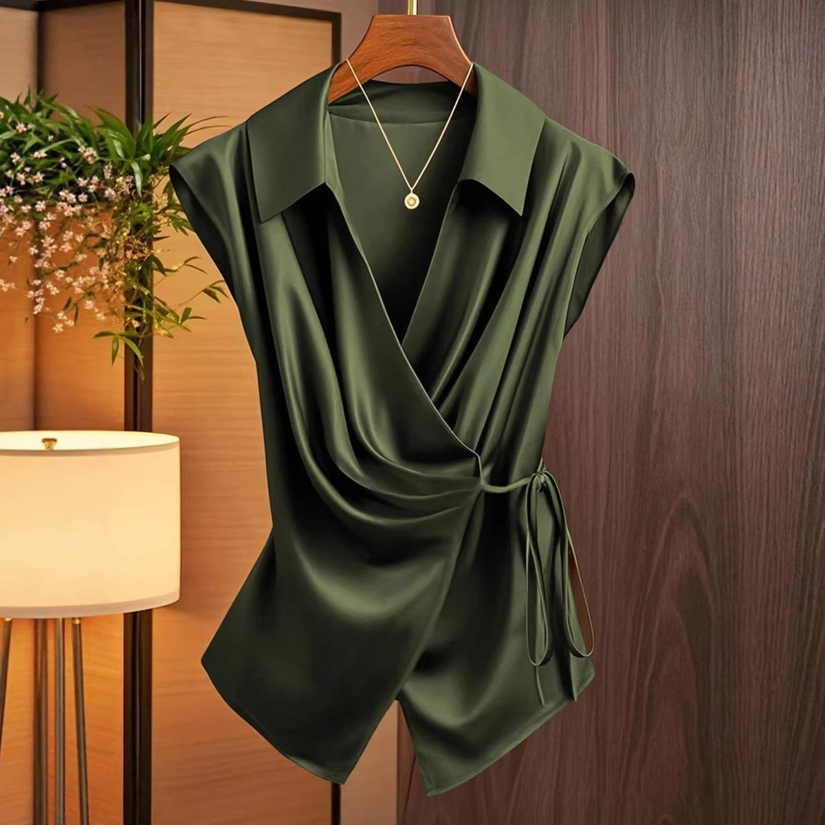 Womens Solid-Color Casual Satin Top With Lace-Up Bow Design