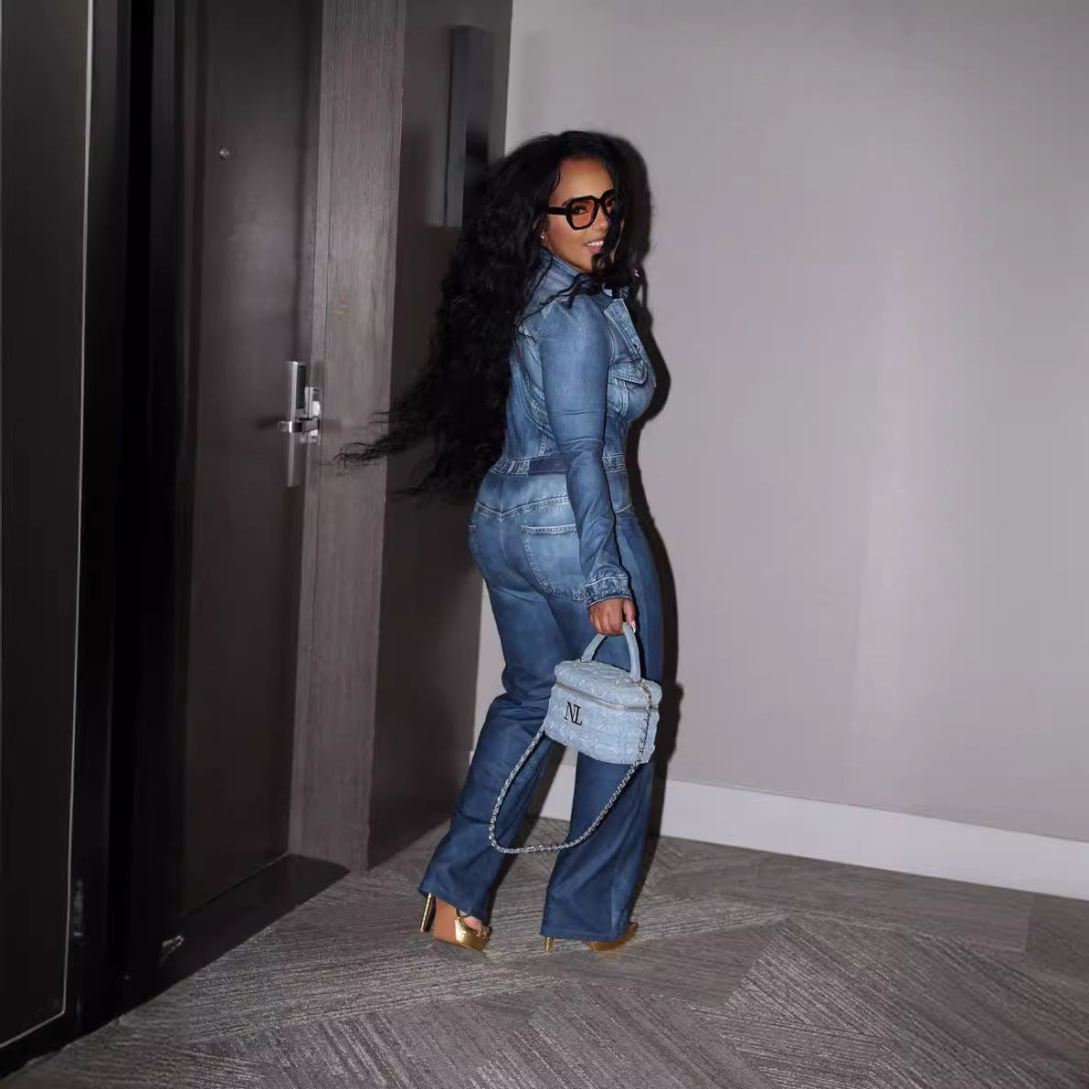 Denim-print Jumpsuit