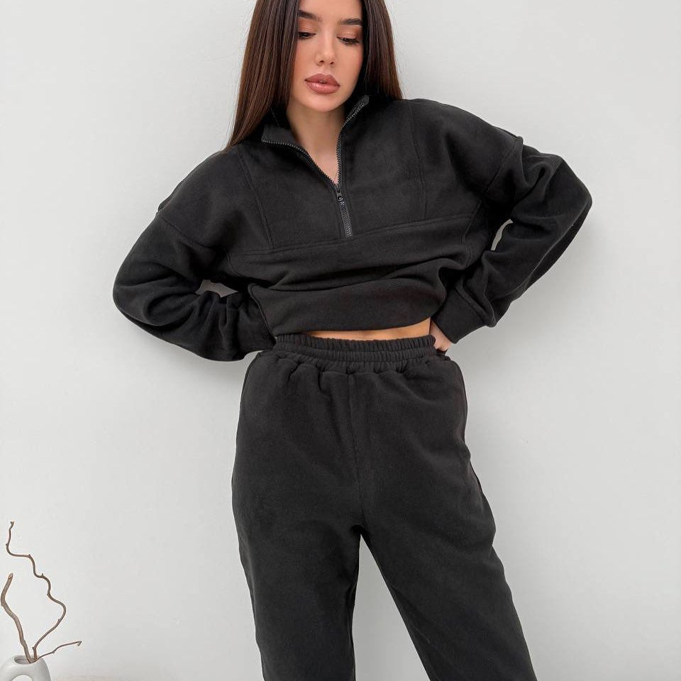 Women's Solid Color Zip-neck Pullover Sweatshirt With Elastic Pants Fleece Two-piece Set