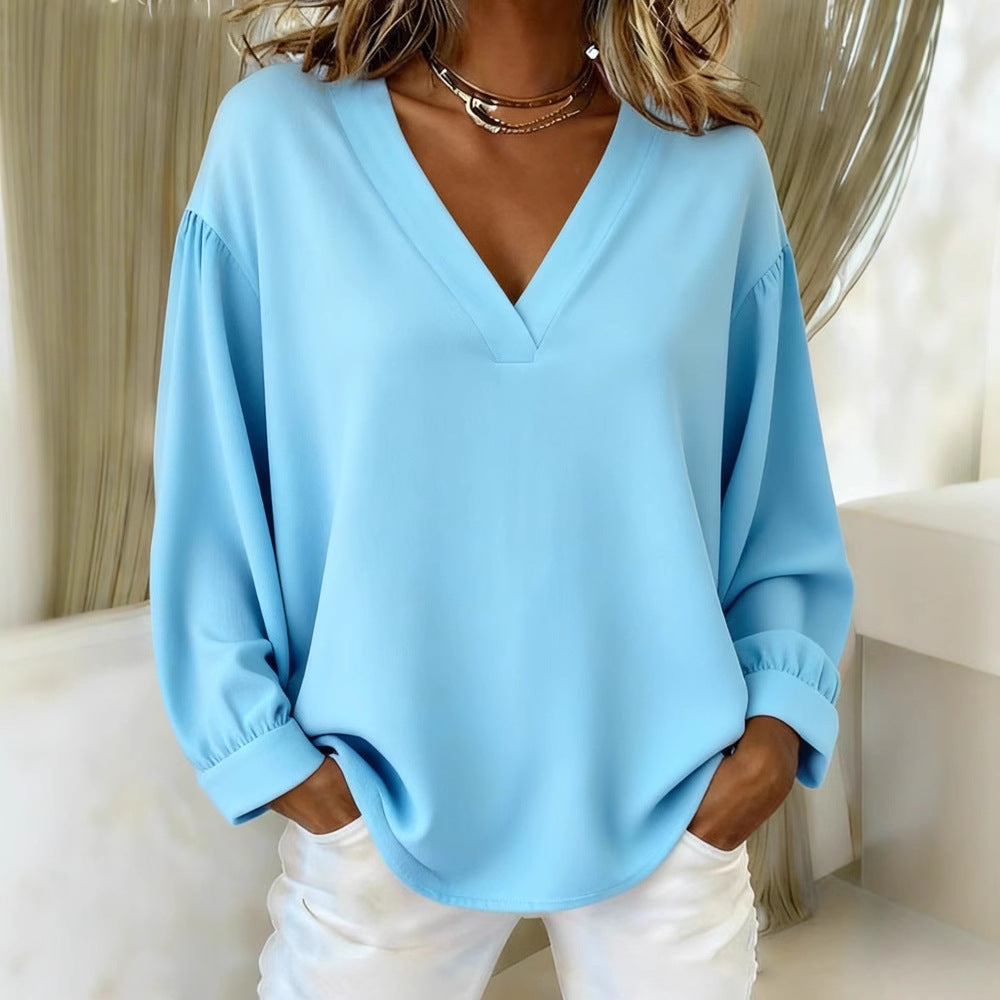 Womens Casual V-neck Long-sleeve Pullover T-shirt In Solid Colors And Multiple Shades