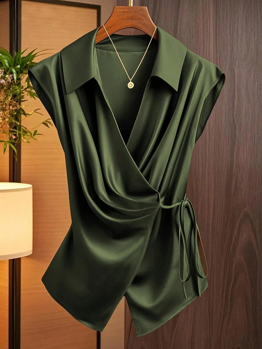 Womens Solid-Color Casual Satin Top With Lace-Up Bow Design