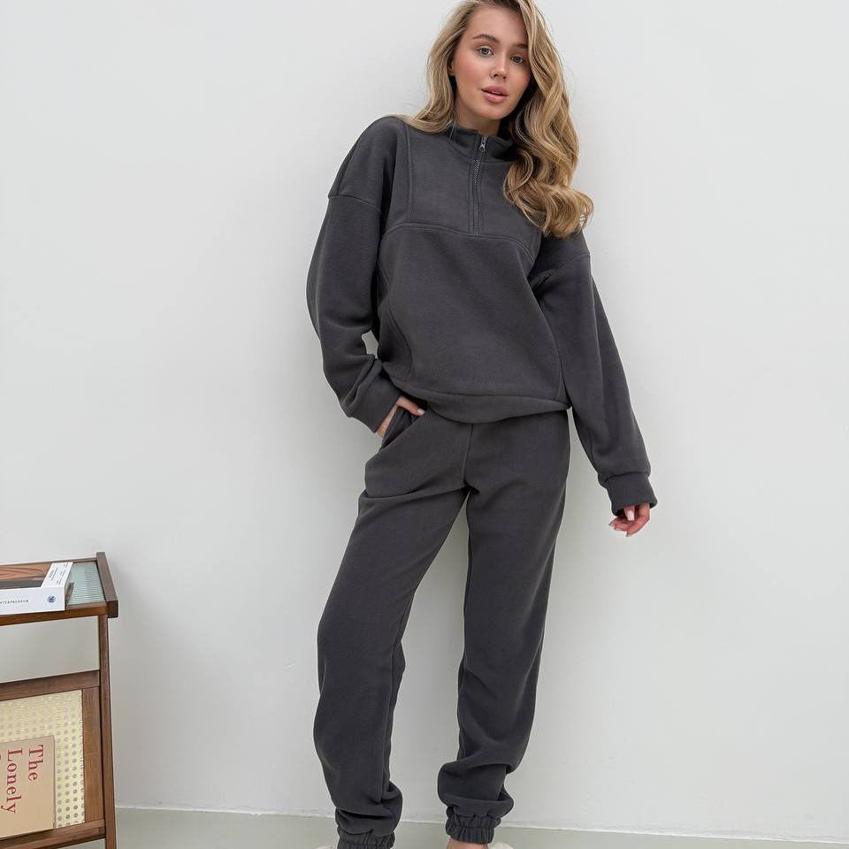 Women's Solid Color Zip-neck Pullover Sweatshirt With Elastic Pants Fleece Two-piece Set