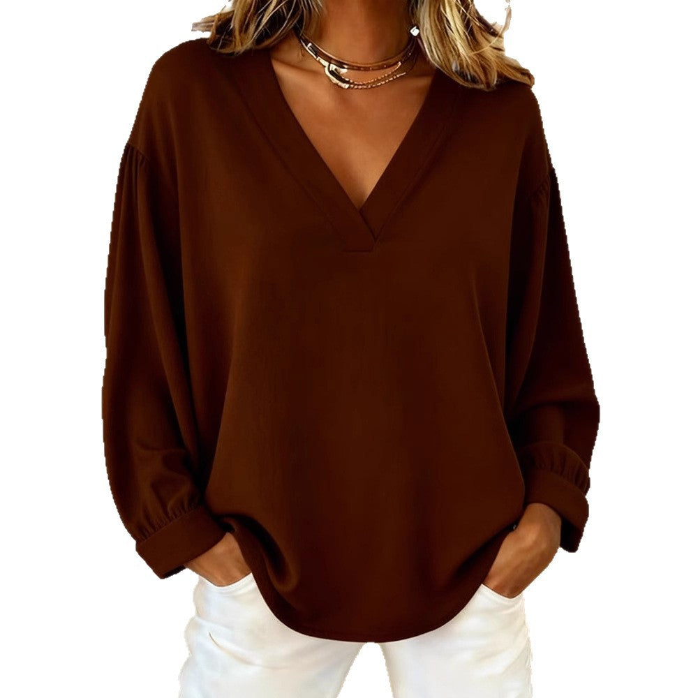 Womens Casual V-neck Long-sleeve Pullover T-shirt In Solid Colors And Multiple Shades
