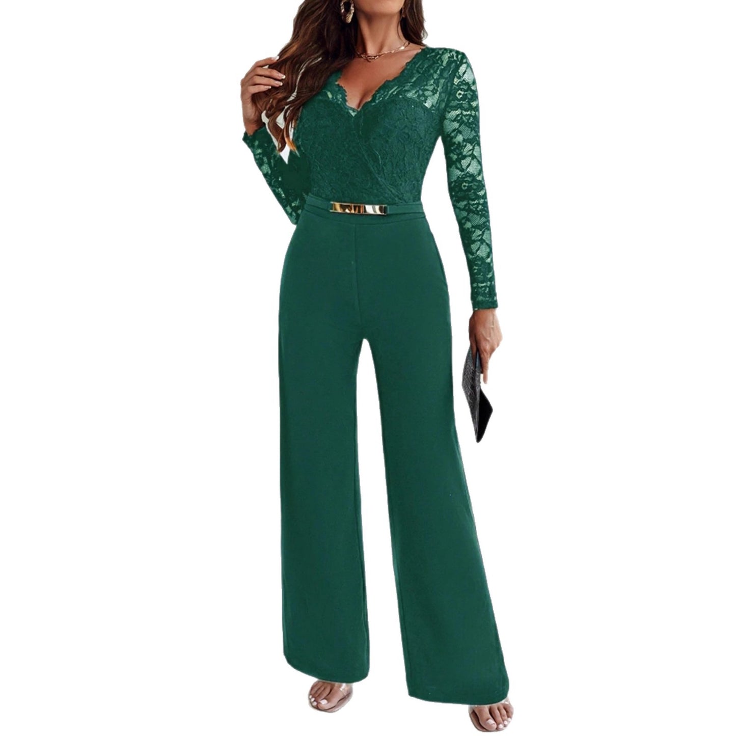 Long-sleeve Belted Jumpsuit With Flared Pants Casual And Relaxed Fit