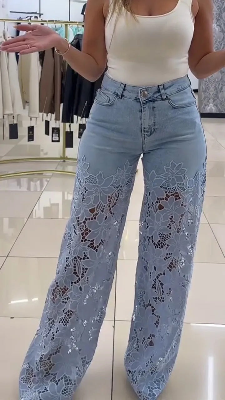 Fashionable Patchwork Denim Jeans For Women With Hollowed-Out Lace Details