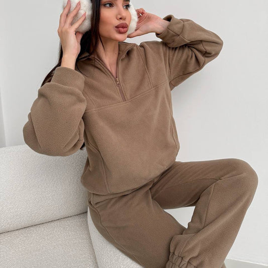 Women's Solid Color Zip-neck Pullover Sweatshirt With Elastic Pants Fleece Two-piece Set