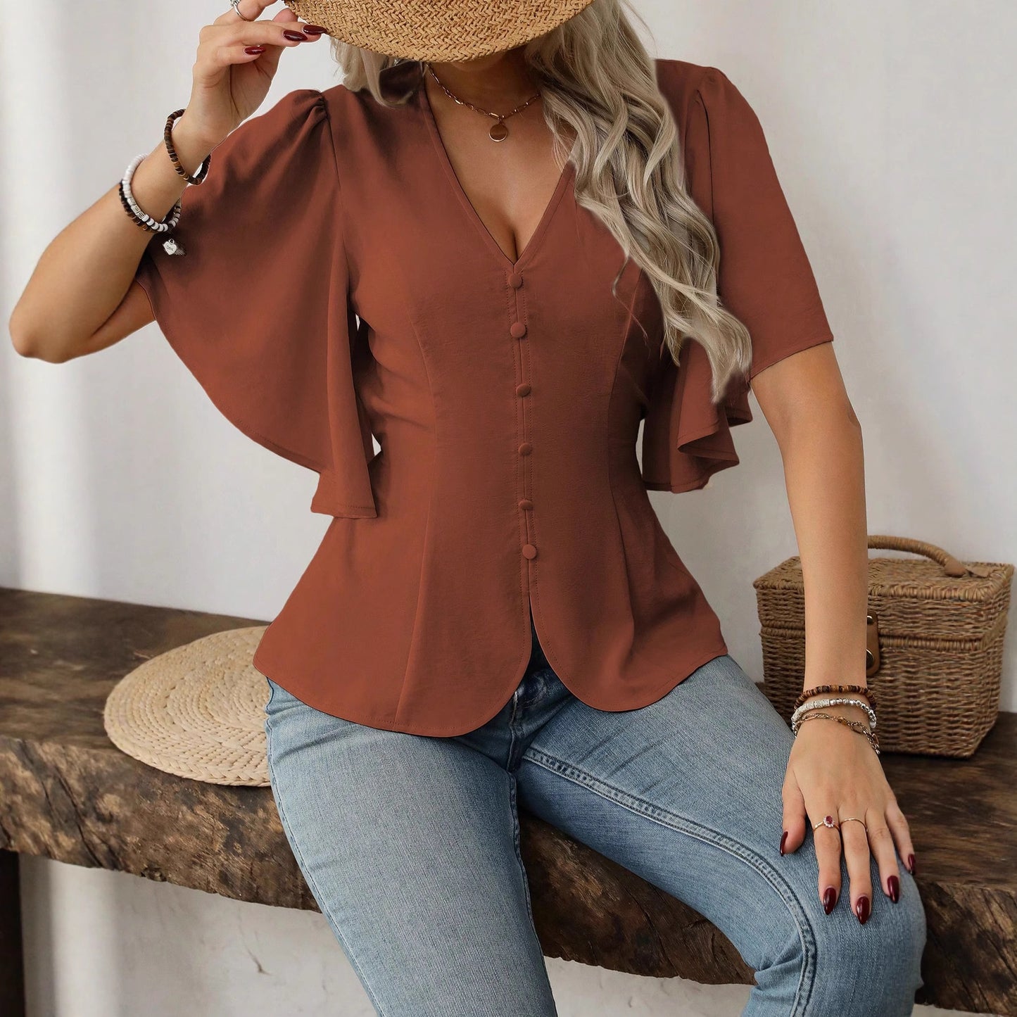Womens Solid-Color Short-Sleeve V-Neck Single-Breasted Waist-Cinching Top
