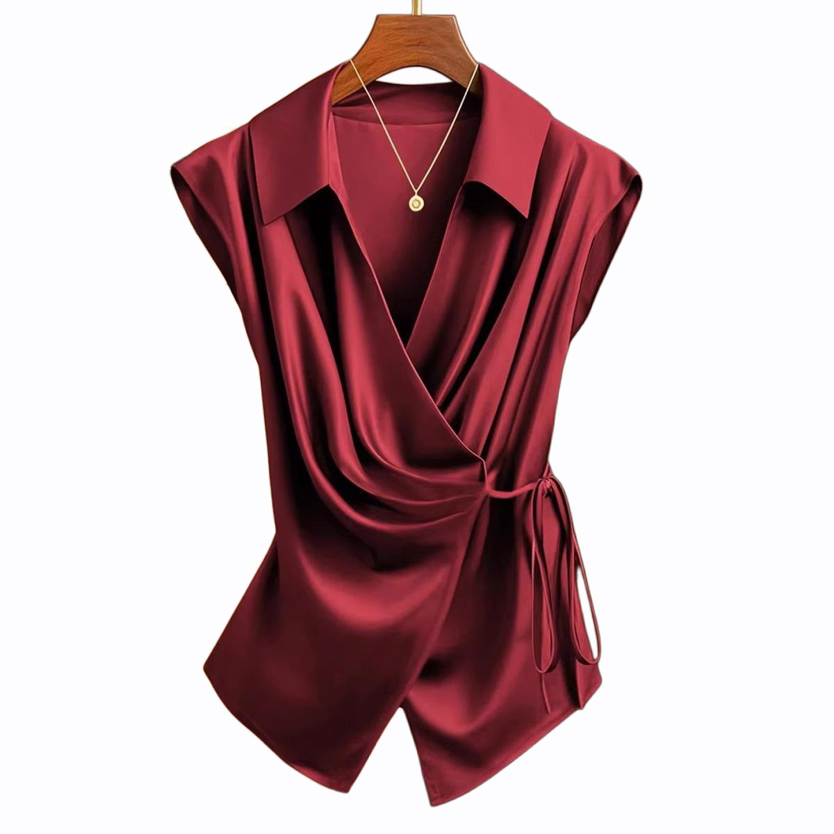 Womens Solid-Color Casual Satin Top With Lace-Up Bow Design